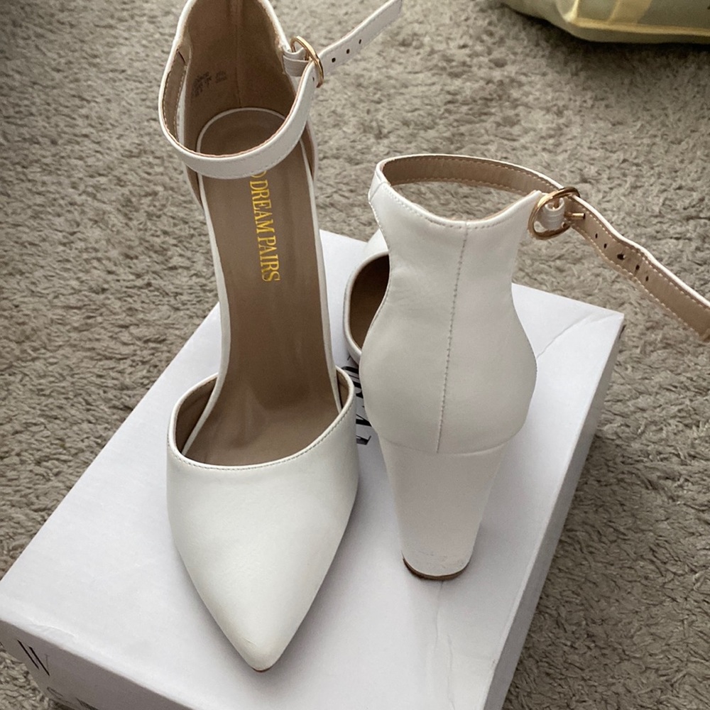 White pointy toe block heel